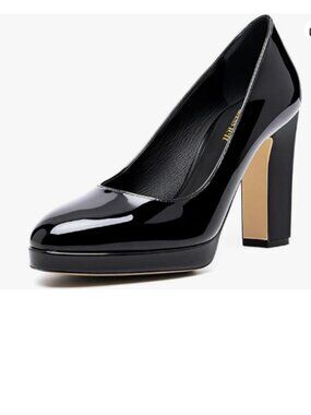 miss left Black Low Platform Chunky High Heel Slip On Round Toe Pump Dressy Shoe